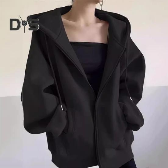 Autumn Spring Women Coat Hooded Drawstring Long Sleeves Pockets Zip-up Elastic Cuff Hem Loose Sport Hoodie Casual Daily Wear Jacket