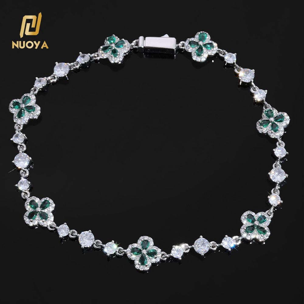 NUOYA Fashion Jewelry Green Four-Leaf Clover Chain Bracelet Flower Design Setting Bling Zircon Fine Chain Bracelet for Women