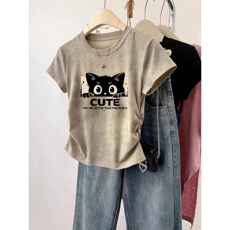 Pure cotton tie-dye cat short front shoulder short-sleeved t-shirt women's summer design niche slim top new