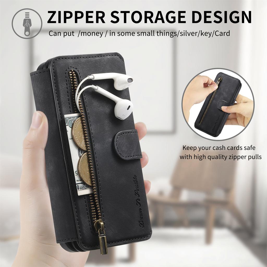 3-i-1 Luksus Lommeboketui i Skinn for Samsung A13/A14/A15/A17...S21/S22/S23...m/ Stativ, Støtsikkert, RFID, Flere Kortspor & Glidelås