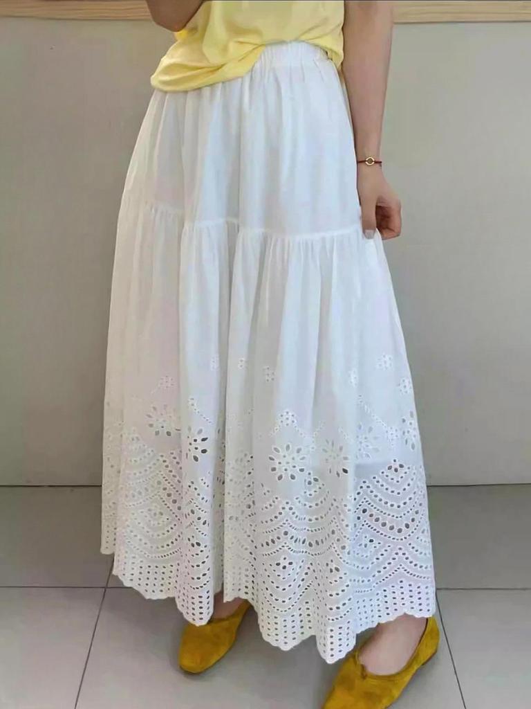 Elastic Waist Hollow-Out Slimming A-line Mid-Length Skirt for Women - Spring 2026, High Waist, Japanese Korean Casual Style