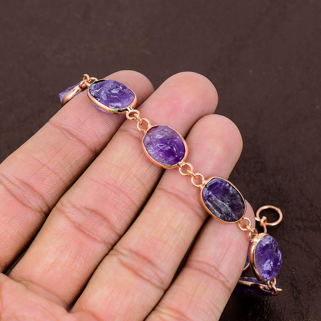 Natural Rough Amethyst Gemstone Handmade Copper Gift Jewelry Bracelet 7-8" V6k68