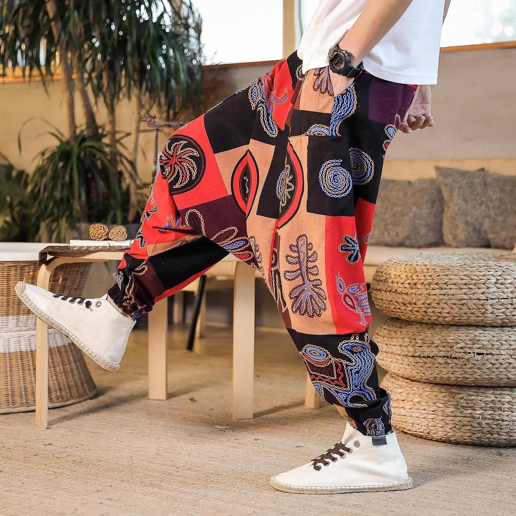 Men Harem Pants Print Retro Drop Crotch Joggers Trousers Men Baggy Loose Nepal Style Men Casual Pants