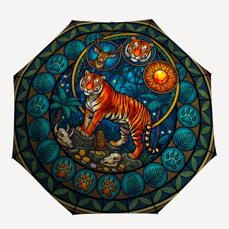 Tiger Sun Jungle Symbols pattern umbrella, portable and foldable design, 8 ribs, a casual accessory for Halloween, Christmas, and birthday gifts.