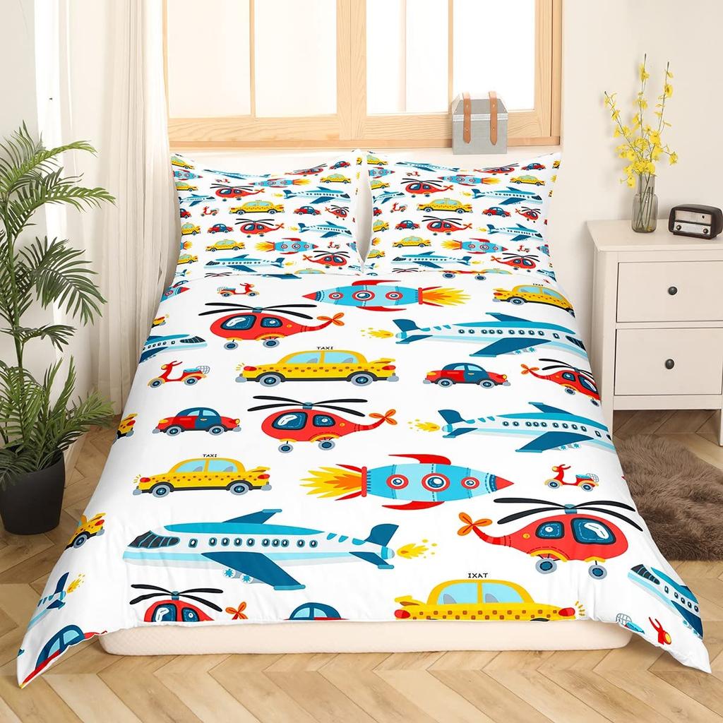 Gelbes Taxi Auto King Queen Bettbezug Jungen Cartoon Transport Bettwäscheset Rosa Stadtlandschaft Steppdeckenbezug Polyester Bettdeckenbezug