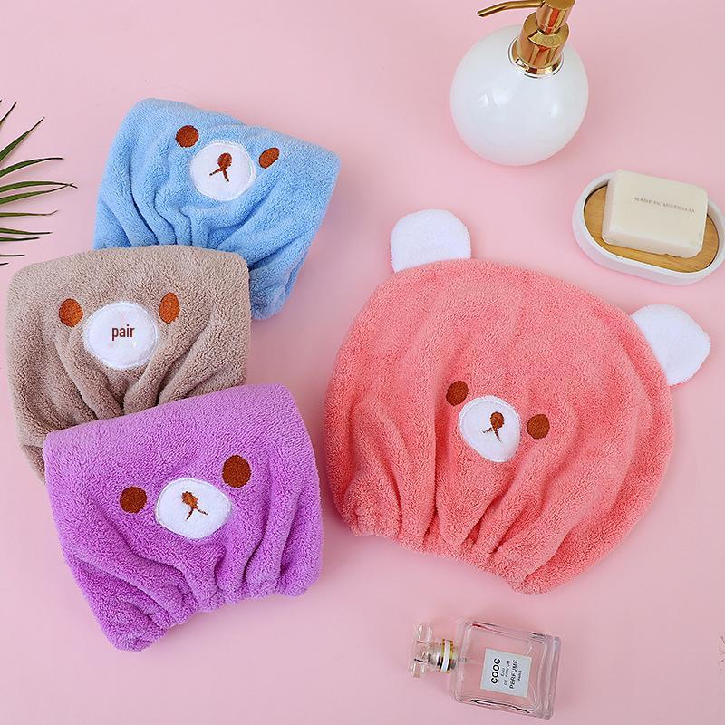 Children's Quick-Dry Cute Bear Hair Towel Cap - Elastic Coral Fleece Bath Head Wrap