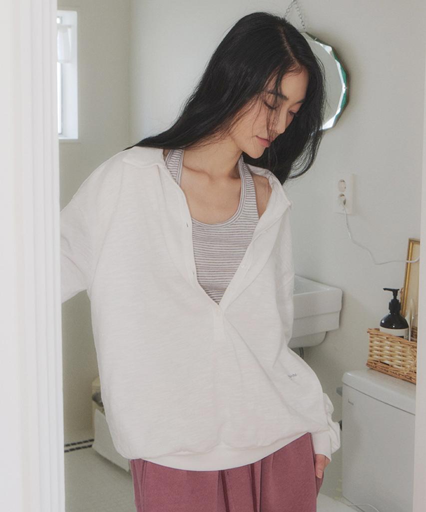 Seuteulaipeumagalin Summer Sleeve Open Button Loose Collar T-Shirt Ivory