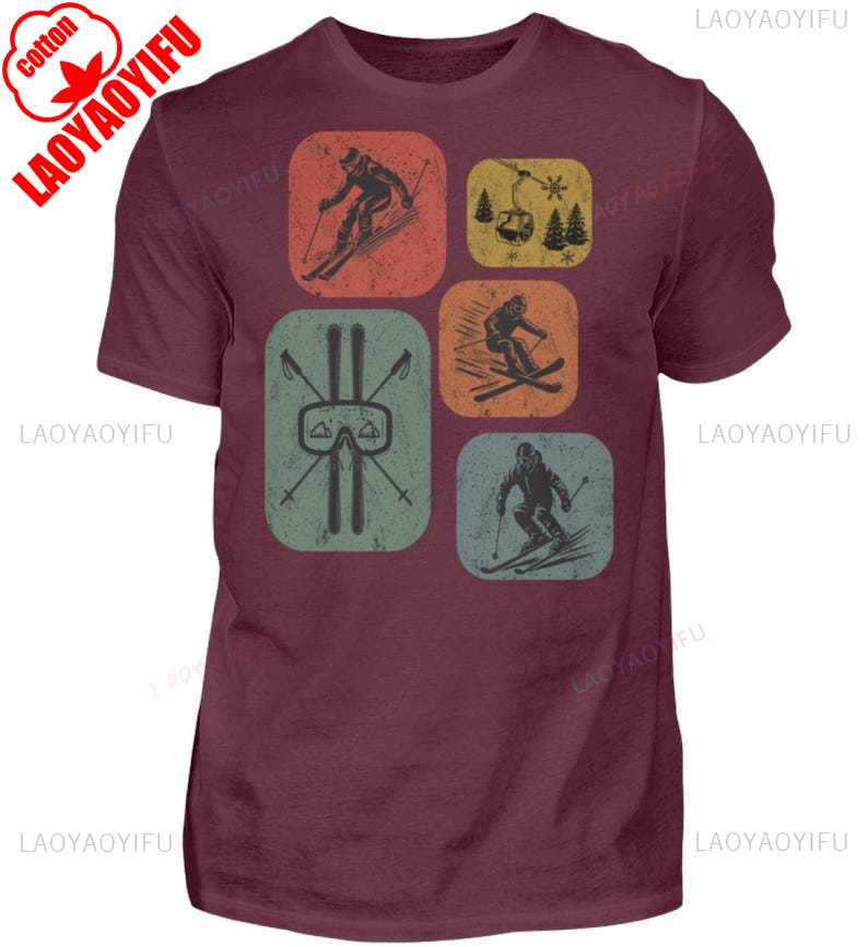 Ski Retro Style Unisexs Shirt Gift for Ski Fans Casual Style Tops Oneck Ropa Hombre Regular Short Sleeve High Quality Cotton TEE