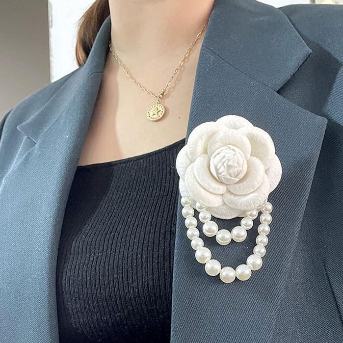 Elegant Retro French Camellia Brooch: Black & White Fabric with Pearl Accents