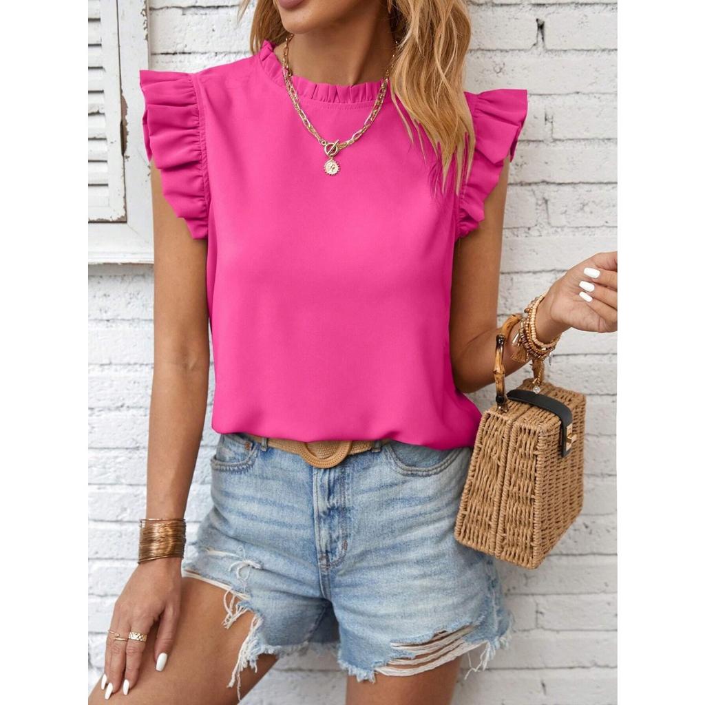 Women's Solid Sweet Crew NeckRuffled Sleeve Tank Top Summer European American Ladies Vest