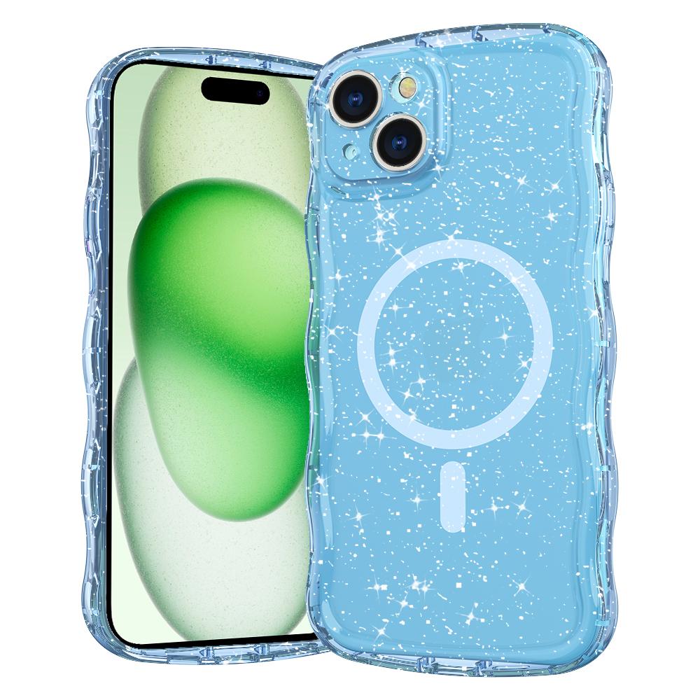 

For iPhone 15 Magnetic Case Wave Edge Glitter TPU Phone Back Cover Clear Blue