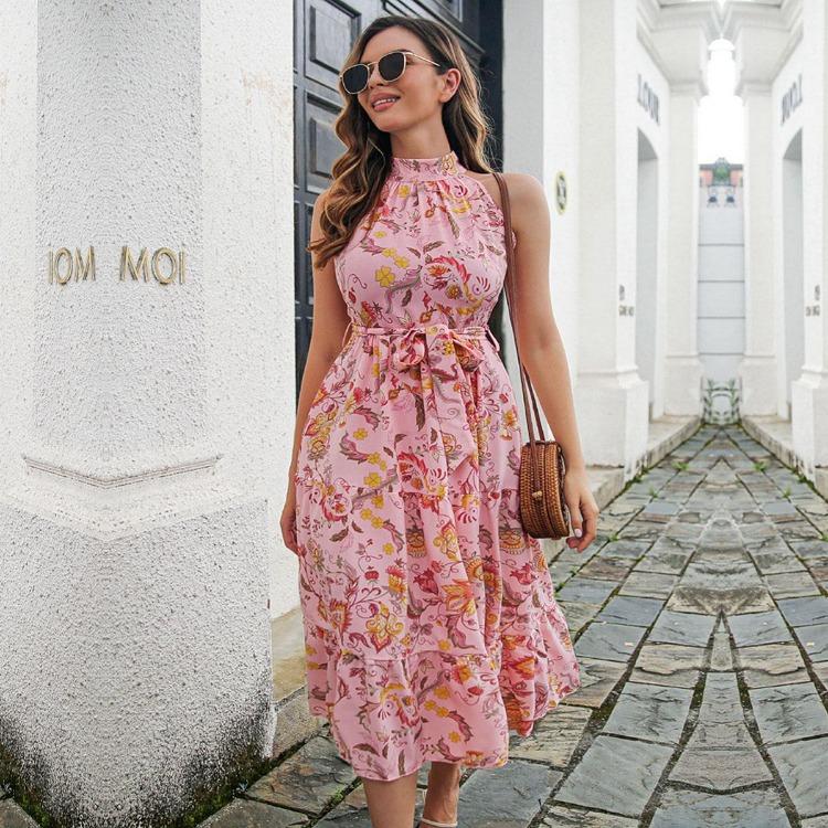 Vintage Potisk Halter Bez Rukávů Dlouhé Šaty Dámské Jaro Léto Dovolená Šněrovací Ramínka S-XL