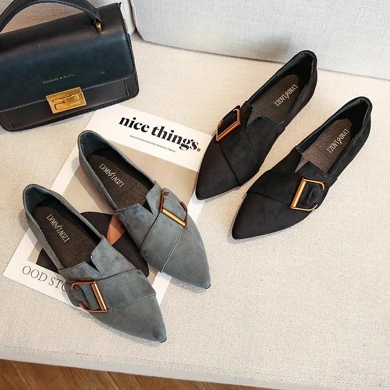 Women's Pointed-Toe Flat Suede Shoes - Soft Leather Pea Shoes for Spring and Autumn