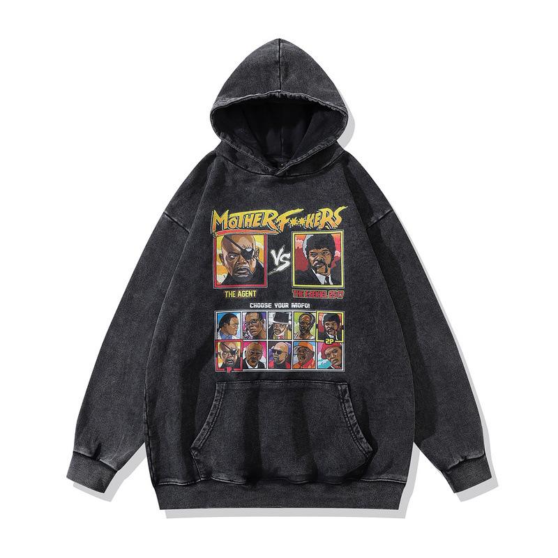 Autumn And Winter 430G Heavy Cotton Hooded Sweater American High Street Retro Skull Print Fried Color Hoodie Men