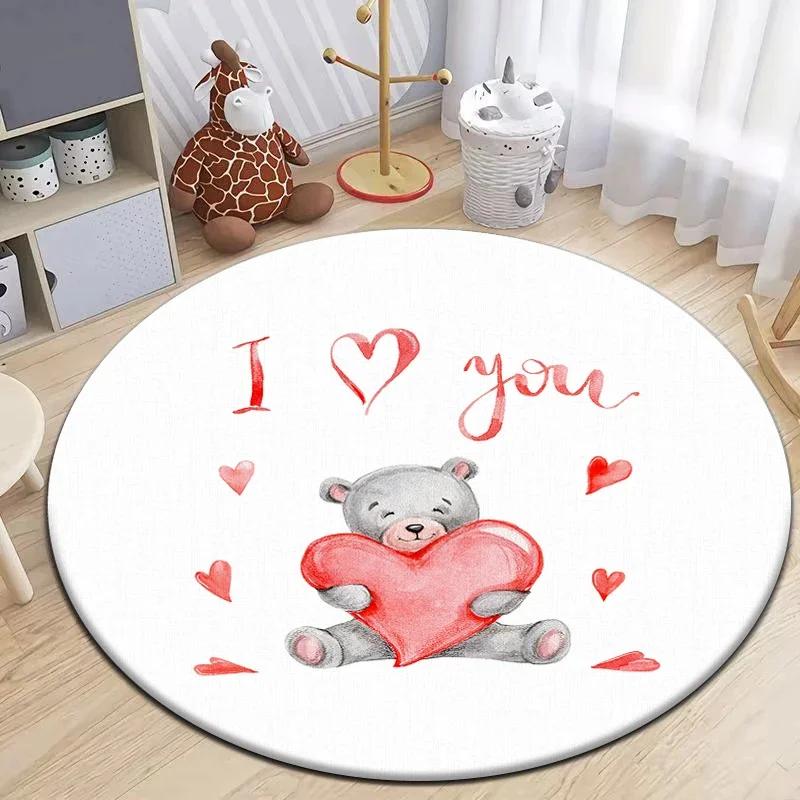 Cartoon Cute Little Bear Animals Round Carpet for Living Room Decor Kid's Bedroom Play Floor Mat Anti-Slip Camping Picnic Mats