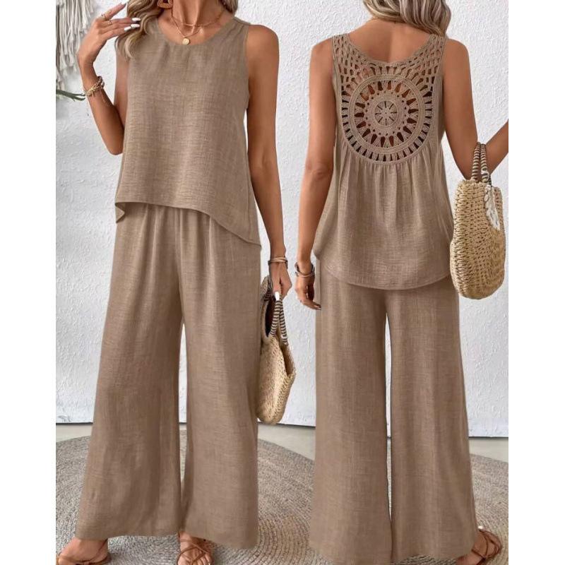 Elegant Vacation Solid Color Three-Quarter Sleeve Top and Wide-Leg Pants Set