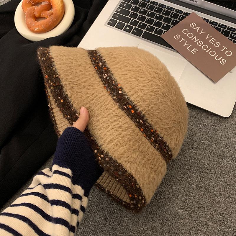 Winter Mixed Color Splicing Plush Simple Bucket Hat Outdoor Casual Versatile Warm Ear Protection Fashion Basin Cap For Women'S
