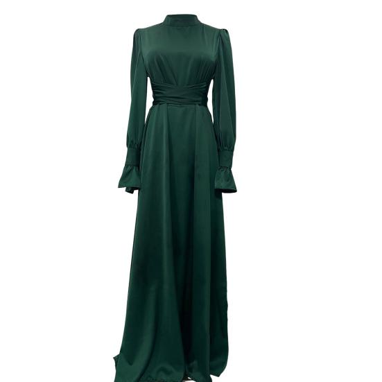 Sukienka damska na jesień i wiosnę, bufiaste rękawy, dopasowana talia, stójka, jednolity kolor, linia A, plisowana, zakupy, dojazdy do pracy, impreza, bal, sukienka maxi