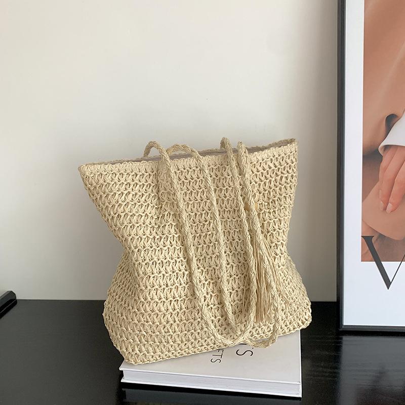 Yogodlns Women Hand Woven Tote Bag Solid Color Large Capacity Square Handbag Straw Shoulder Bag with Tassel Pendant