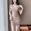 Summer Slim Fit V-Neck Bodycon Dress: Spicy Style, Pleated Solid Color, Waist-Cinching, Tummy Coverage, Women's Short Skirt.