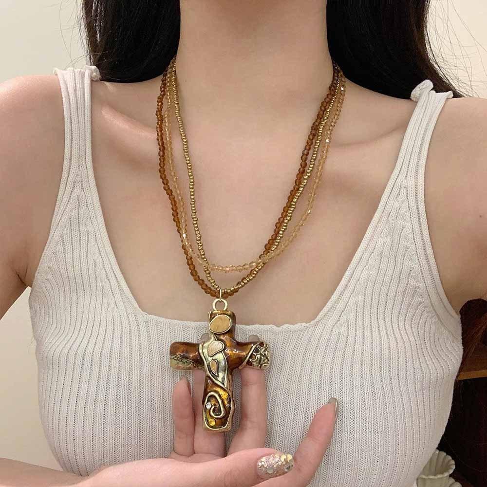 Metal Pendant Beaded Chain Necklace Multicolor Sweater Necklace Punk Gothic Cross Necklace  Travel