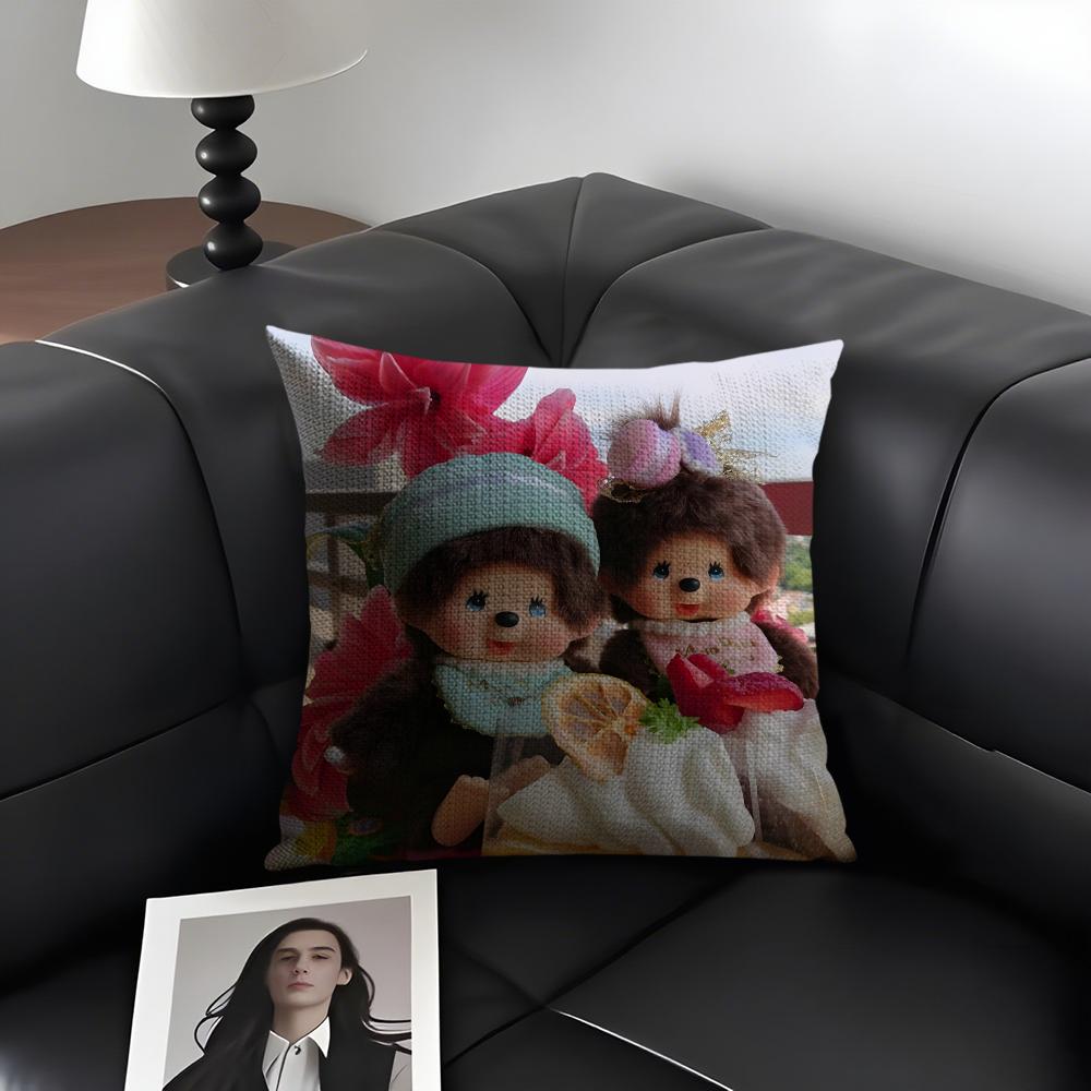 MMonchichis DollL Cute Cushion Cover Natural Linen Organic Fabric DoubleSided Printing Sofa Home Decor Gift Pillow Case
