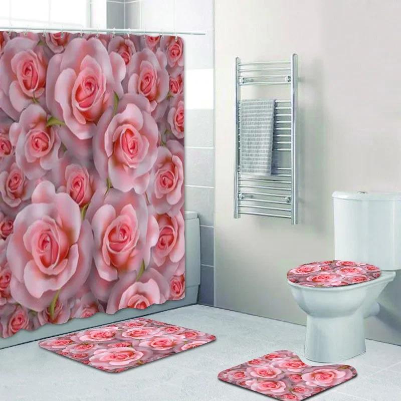 Elegant Bouquet of Fantastic White Flowers 3D Style Shower Curtain Bathroom  with Bath Rug Carpet Set Floral Home Decor