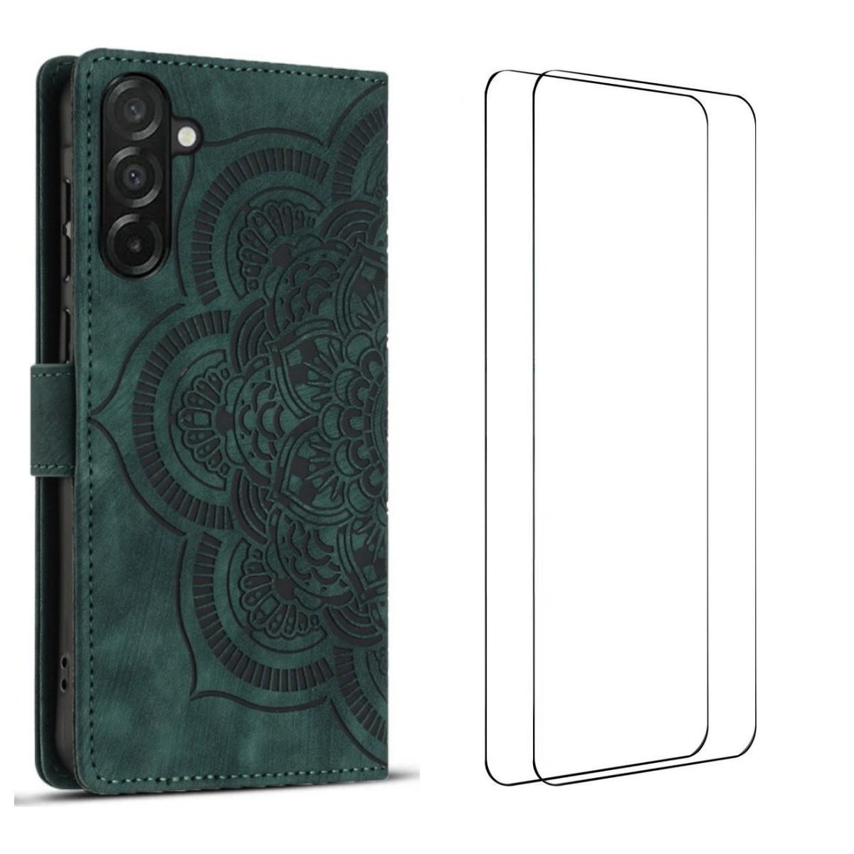 

For Samsung Galaxy S24 Case with 2Pcs Tempered Glass WANLONFENG MTL Series Mandala Leather Phone Cover Midnight Green