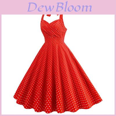 Vintage Polka Dot Cotton Vneck Sleeveless Dress With High Waist Pockets For Summer Picnic