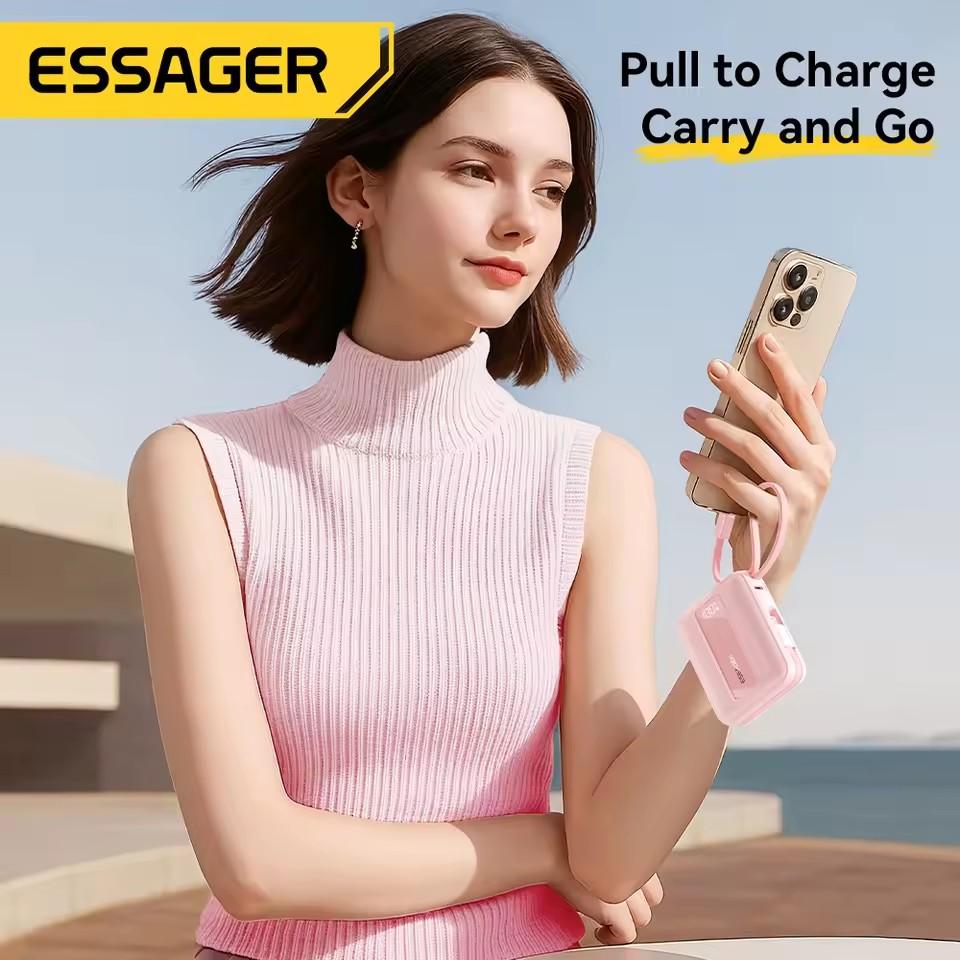 Essager 10000/20000mAh Type C Cable Power Bank PD 22.5W Fast Charging Phone External Battery for Xiaomi iPhone 16 15 14 Samsung iPad