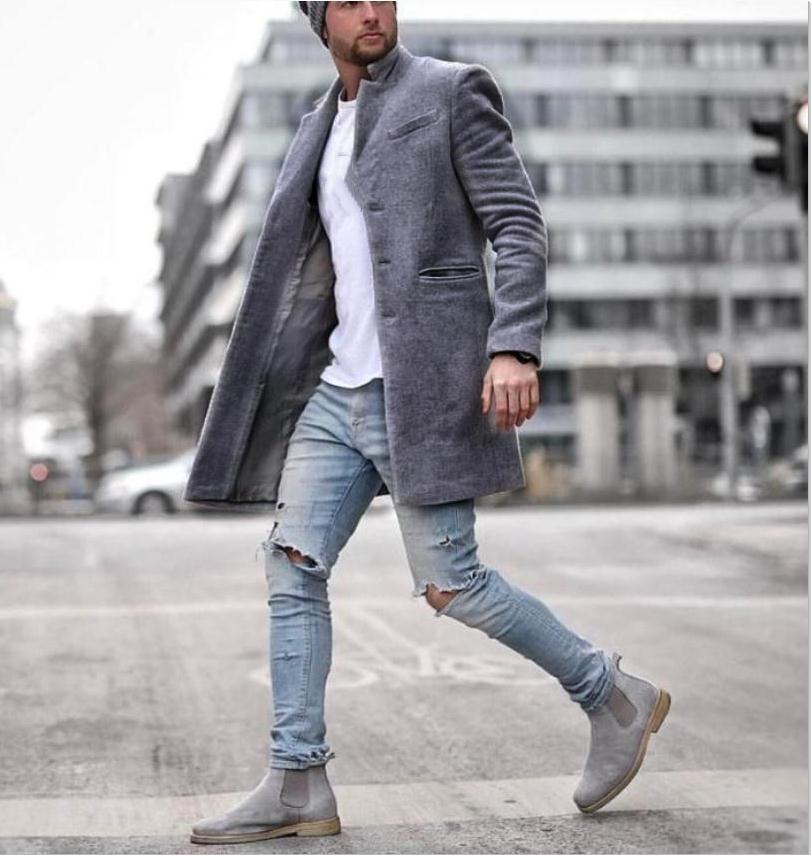 Men's Mid-length Woolen Windbreaker Jacket with Dragon Phoenix Design