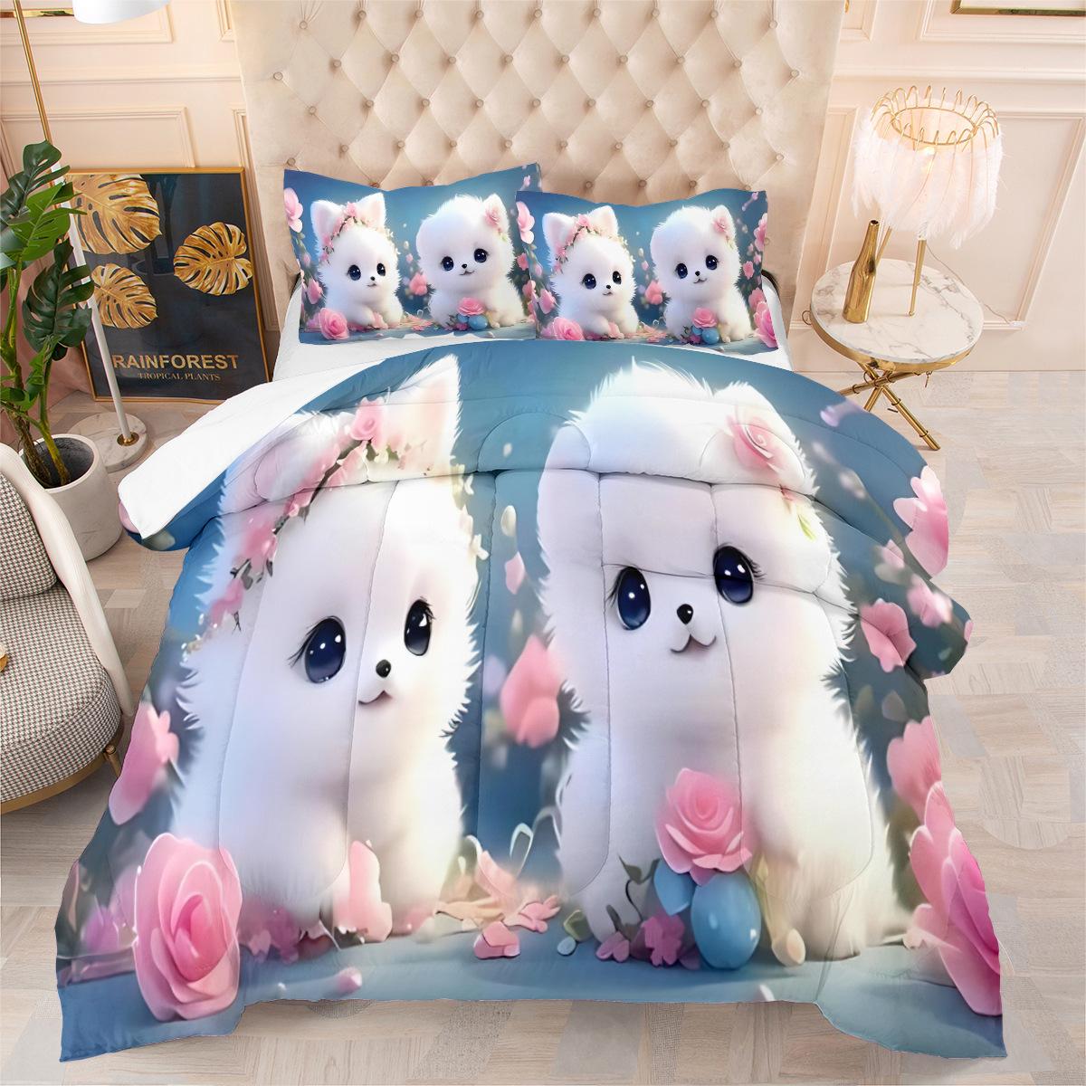 Printed Fat Quilt Bedding Three-piece Set, Filled Cotton, Available Individually, Cute Cat Bedroom Fat Quilt 140*200cm