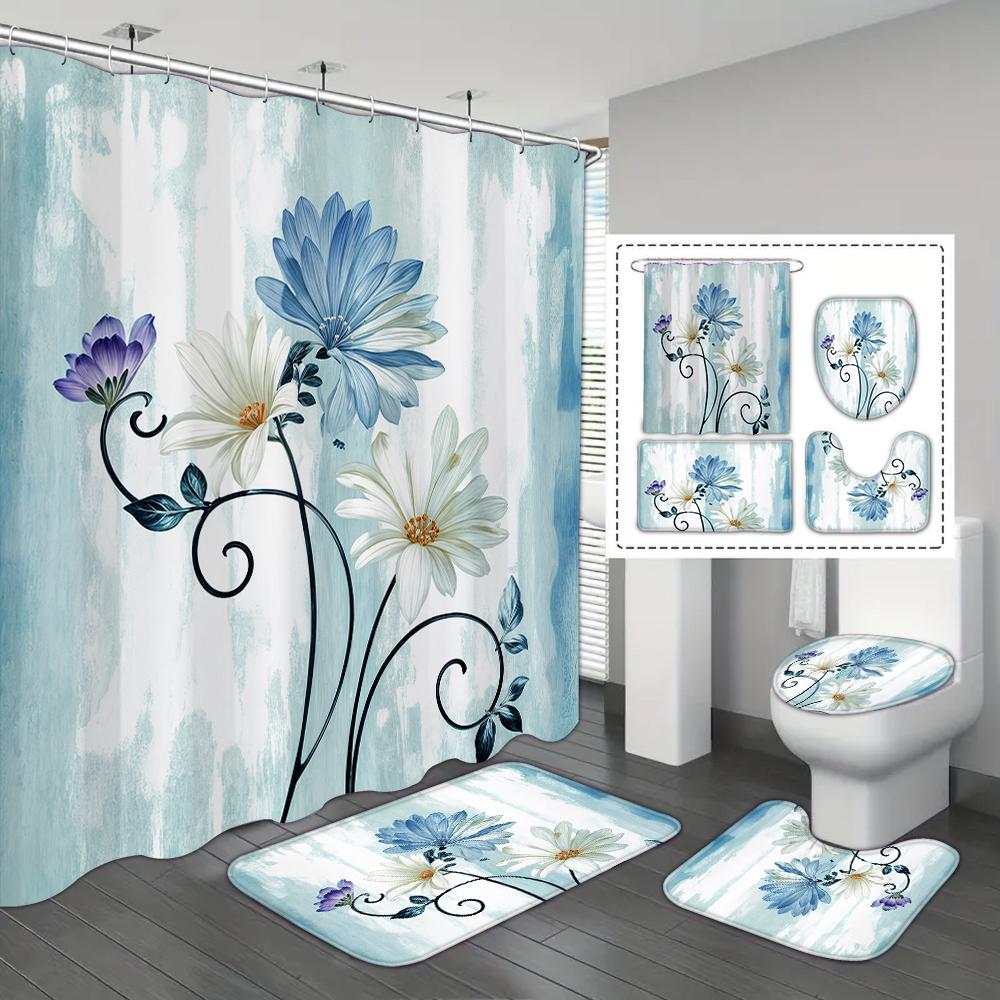 4-piece Set of Blue White Jade Orchid Waterproof Printed Shower Curtains with 12 Hooks, Bathroom Floor Mats