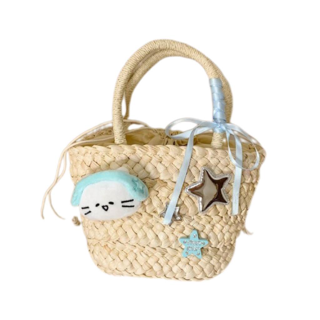 Cute Earphones Cat Stars Kitty Cat Decoration Women Casual Straw Woven Handbag For Daily Use Women