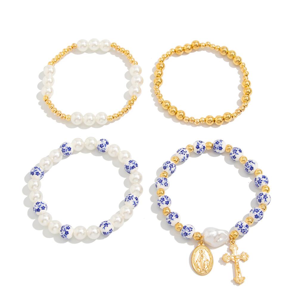 Personalized Chinese Style Blue And White Ceramic Beaded Imitation Pearl Elastic Bracelet, Creative Metal Cross Pendant Bracelet