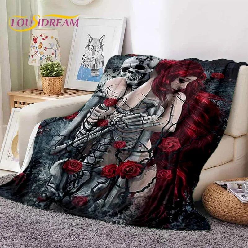 Skull Dead Girl 3D Gothic Horror Female Rose Soft Flannel Blanket for Beds Bedroom Sofa Picnic,Throw Blanket for Cover Leisure