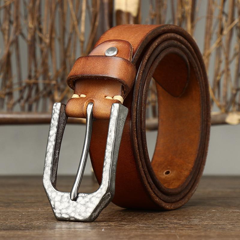 Retro Personalized Hammer Pattern Stainless Steel Button Head Belt Men'S Genuine Leather First Layer Cowhide Trend Versatile Denim Belt Men