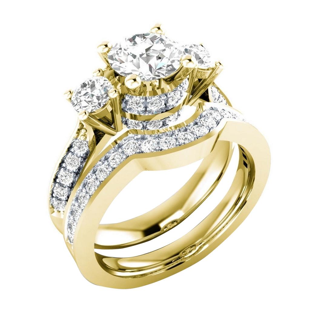 Women Zircon Full Pave Inlaid Bridal Ring Set Three Stone Engagement Wedding Band Jewelry