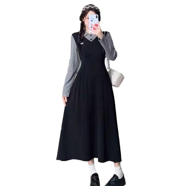 French retro college style dress women's autumn new high-end POLO collar waist slim skirt