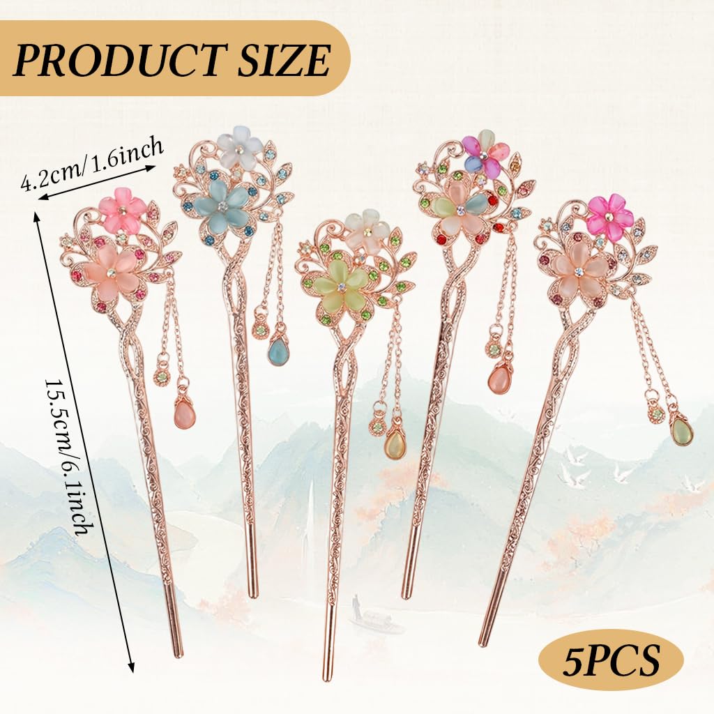ZIBUYU® 5 Pcs Chinese Hair Stick - Vintage Metal Floral Rhinestone Hair Bun Accessories for Woman with Tassel for Women & Wedding/Festival Costume