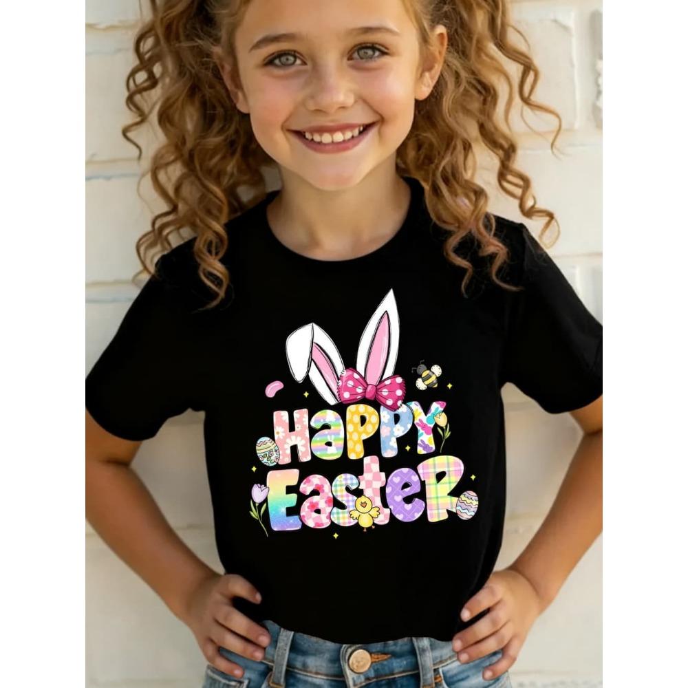 2026 Happy Easter T-Shirt for Girls Bunny Cute Rabbit Ear Letter Graphic Summer Tee Boys Girls Short Sleeve Children's Clothing