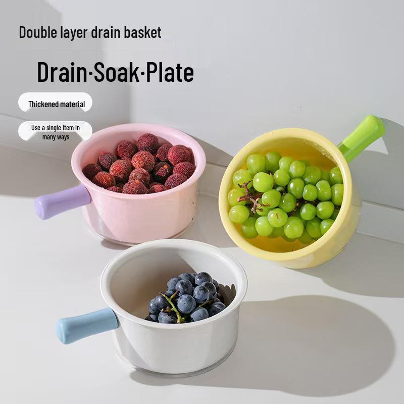 Double-Layer Vegetable and Fruit Washing Basket with Handle