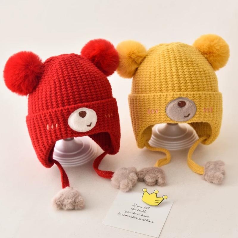 Baby Wool Hat For Boy Girls Cute Bear Ear Protection Hat Children Winter Thickened Warm Knitted Korean Cute Pompom Baby Hat