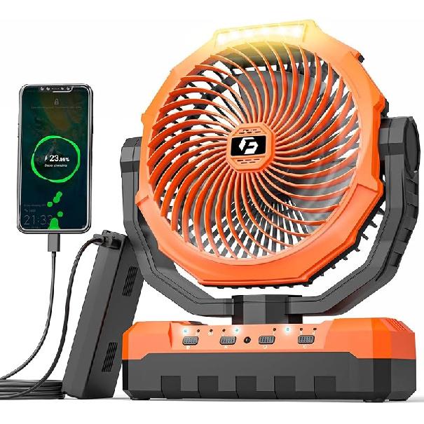 24000mAh Camping Fan - Detachable Rechargeable Battery Operated Fan with Light & Hook for Tent, Outdoor - USB Table Fan with 4 Speeds for Picnic, 12000mAh оранжевый