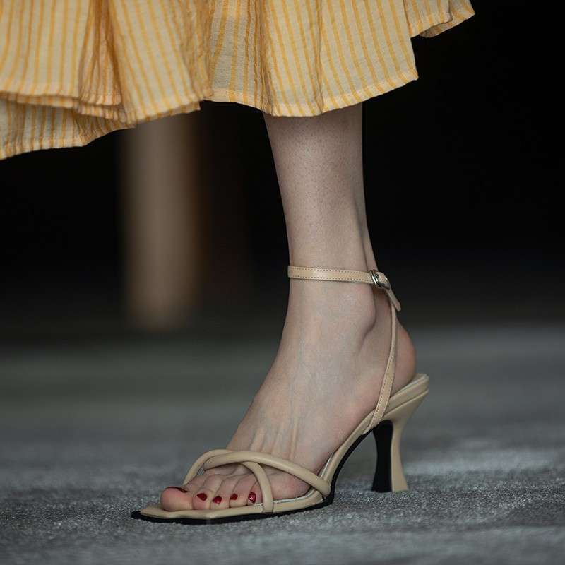 Slim heel sandals women's summer 2025 irregular square head soft sole crossed thin strap open toe one-word strap high heels