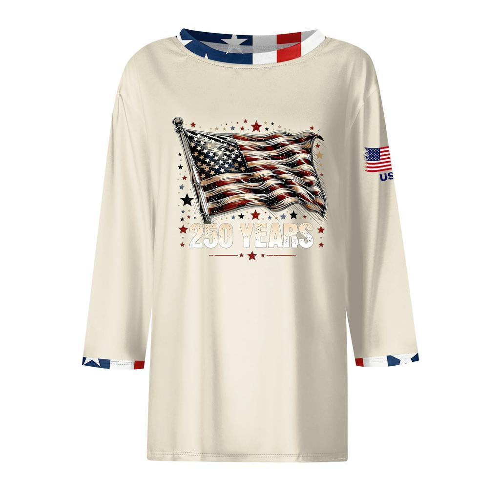 Women's Fashion Casual Seven-Sleeve Independence Day Print Round Neck Top