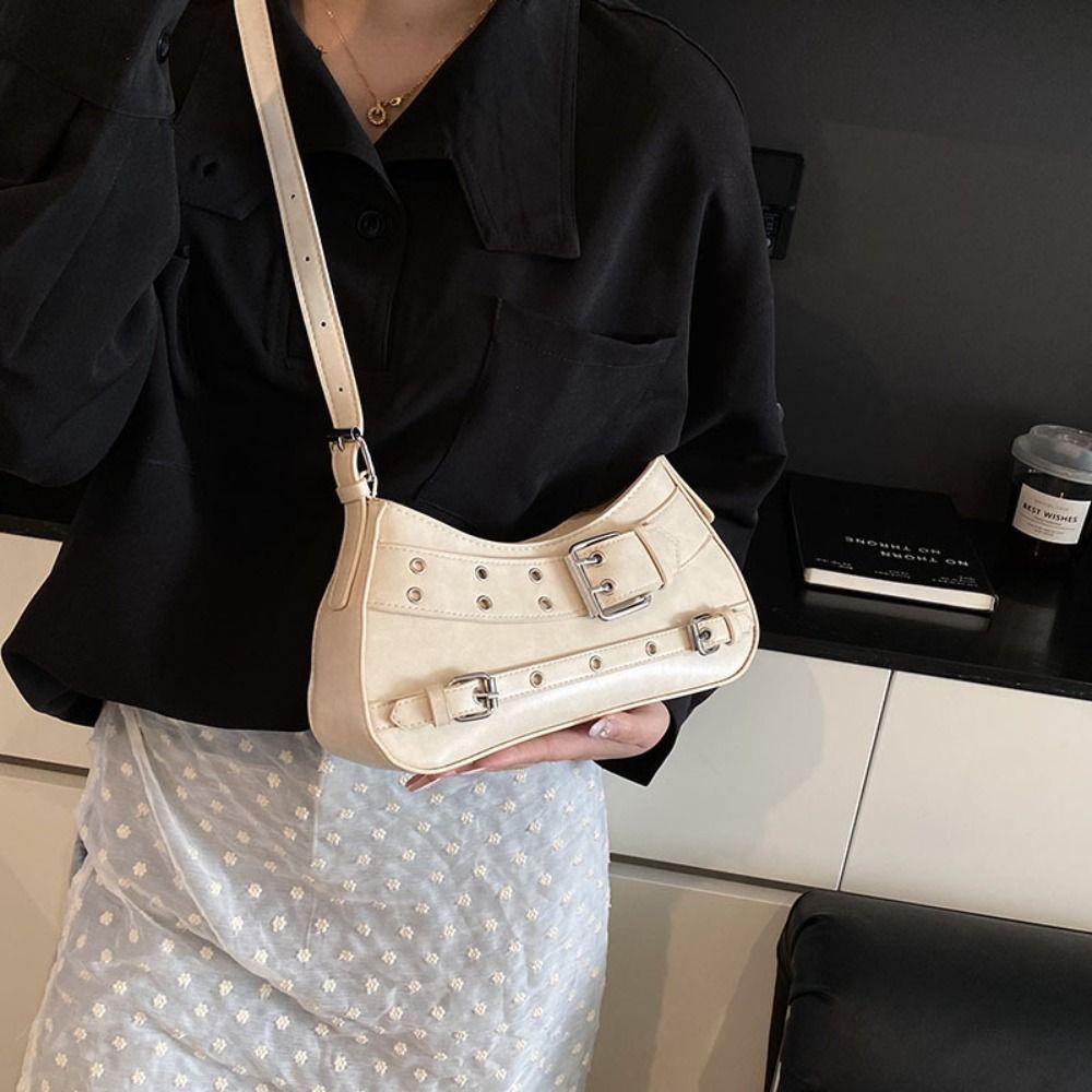 Pu Leather Belt Buckle Shoulder Bag Elegant Spicy Girls Handbag Trendy Y2k Underarm Bag  Club