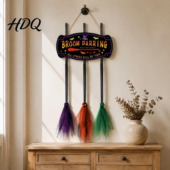 Halloween Door Hanging Sign Broom Parking with 3 Witch Brooms Hocus Pocus Themed Wooden Sign Easy Festive Wall Art Funny Pendant for Front