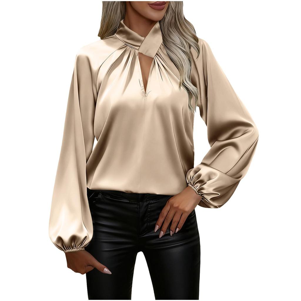 Damen Minimalistisch Hoher Halsausschnitt Farbe Plissiert Lässig Vielseitig Satin Langarm T-Shirt Top