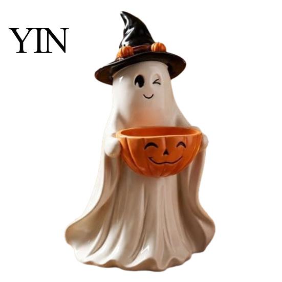 Decorative Figures for Living Room Resin Ghost Statue with Pumpkin Candy Bowl Halloween Table Decor, Small Figurines Bedroom Cute Desktop Organizer